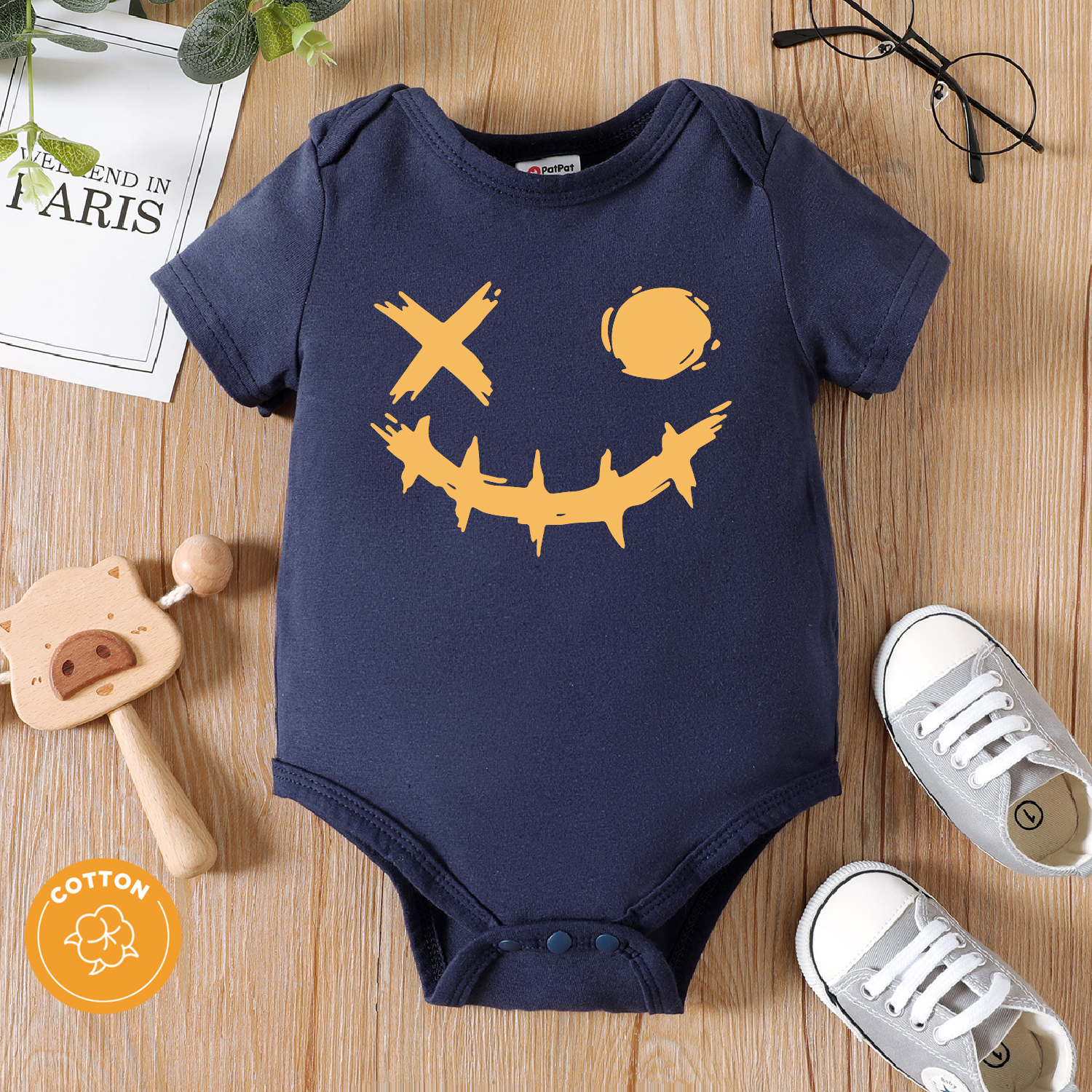 

Baby Boy 95% Cotton Short-sleeve Graphic Dark Blue Romper