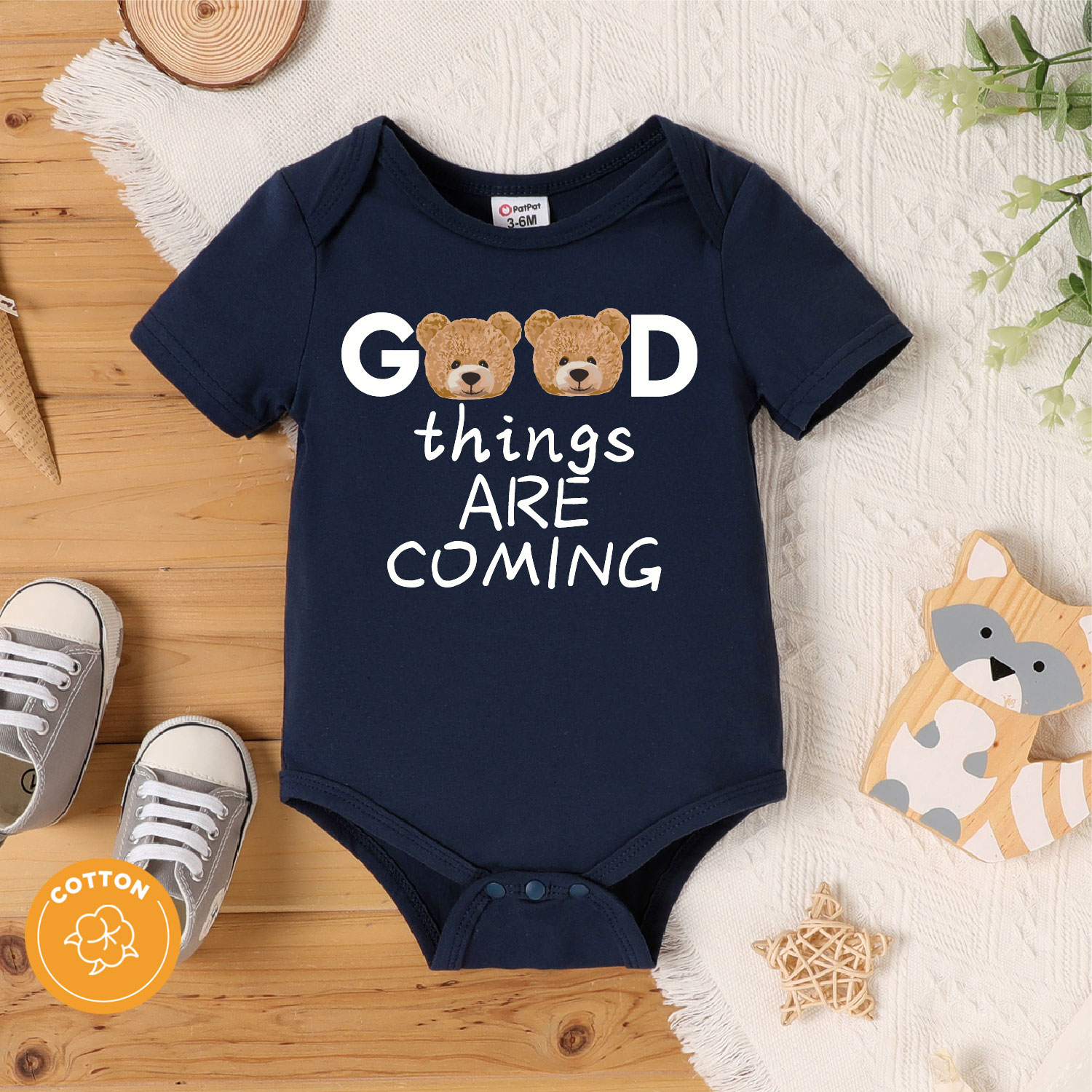 

Baby Boy 95% Cotton Short-sleeve Cartoon Bear & Letter Print Dark Blue Romper