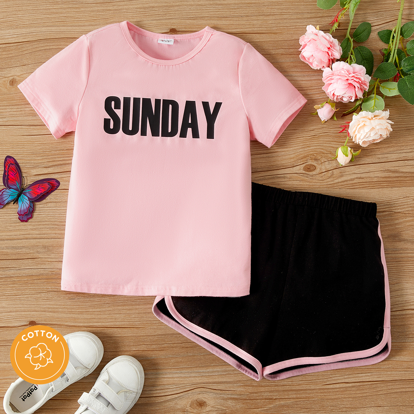 

2pcs Kid Girl Letter Print Short-sleeve Pink Tee and Dolphin Shorts Set
