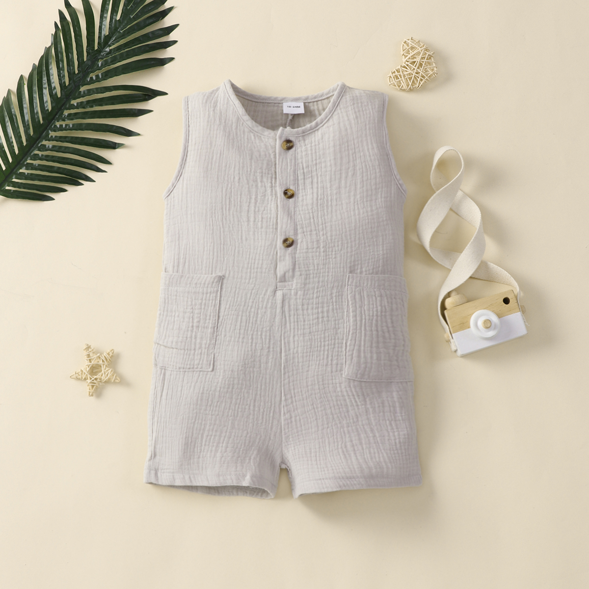 

Toddler Boy Basic 100% Cotton Button Design Sleeveless Crepe Rompers