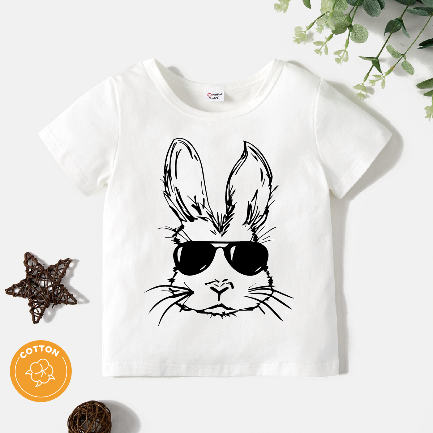

Toddler Boy/Girl Playful Rabbit Print Short-sleeve White Tee