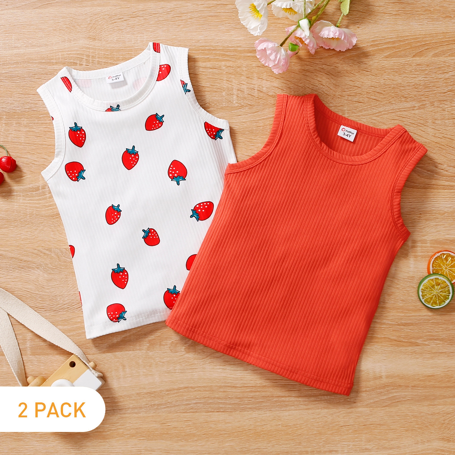 

2-Pack Toddler Girl Strawberry Print/Solid Color Tank Top