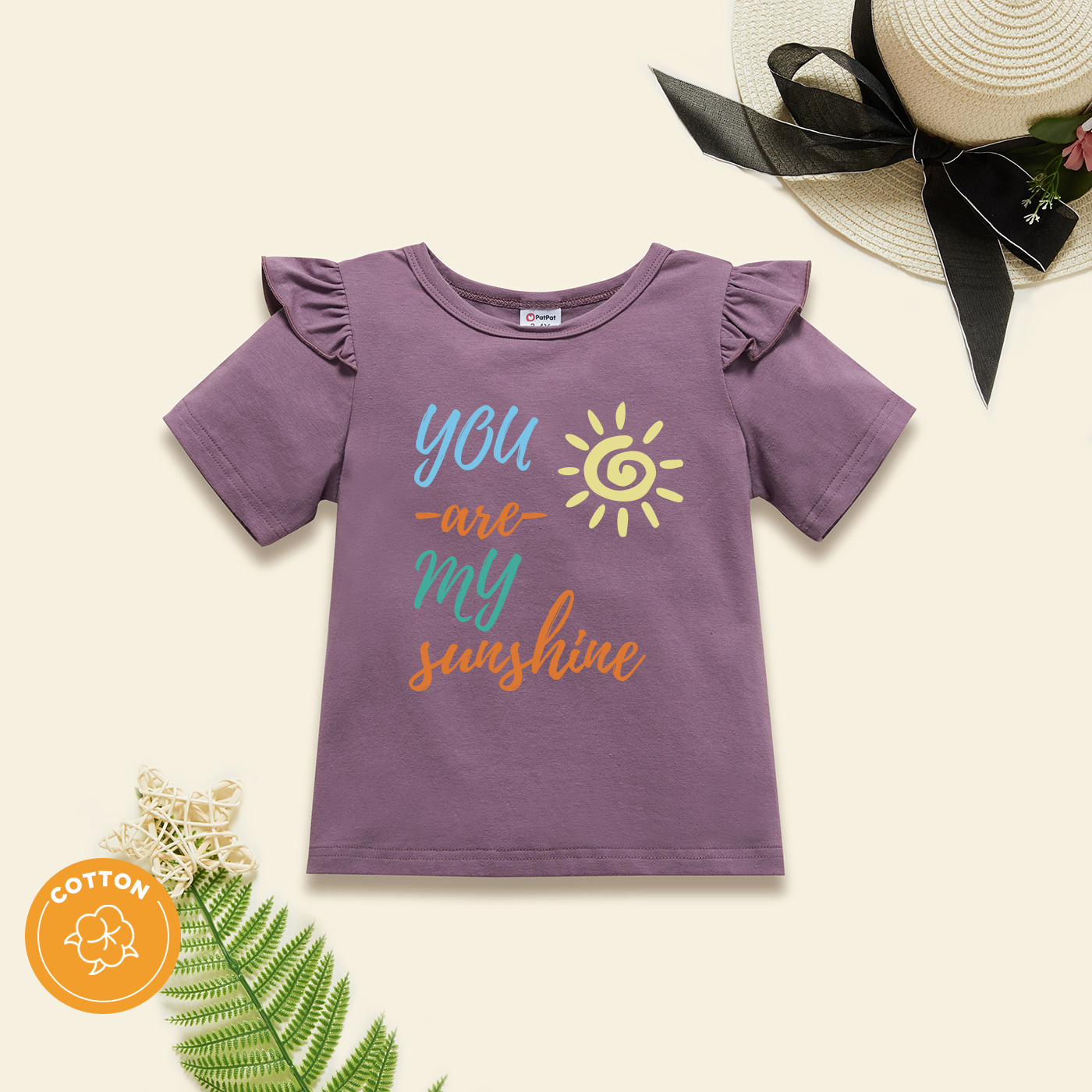 

Toddler Girl Graphic Sun and Letter Print Ruffled Short-sleeve Tee