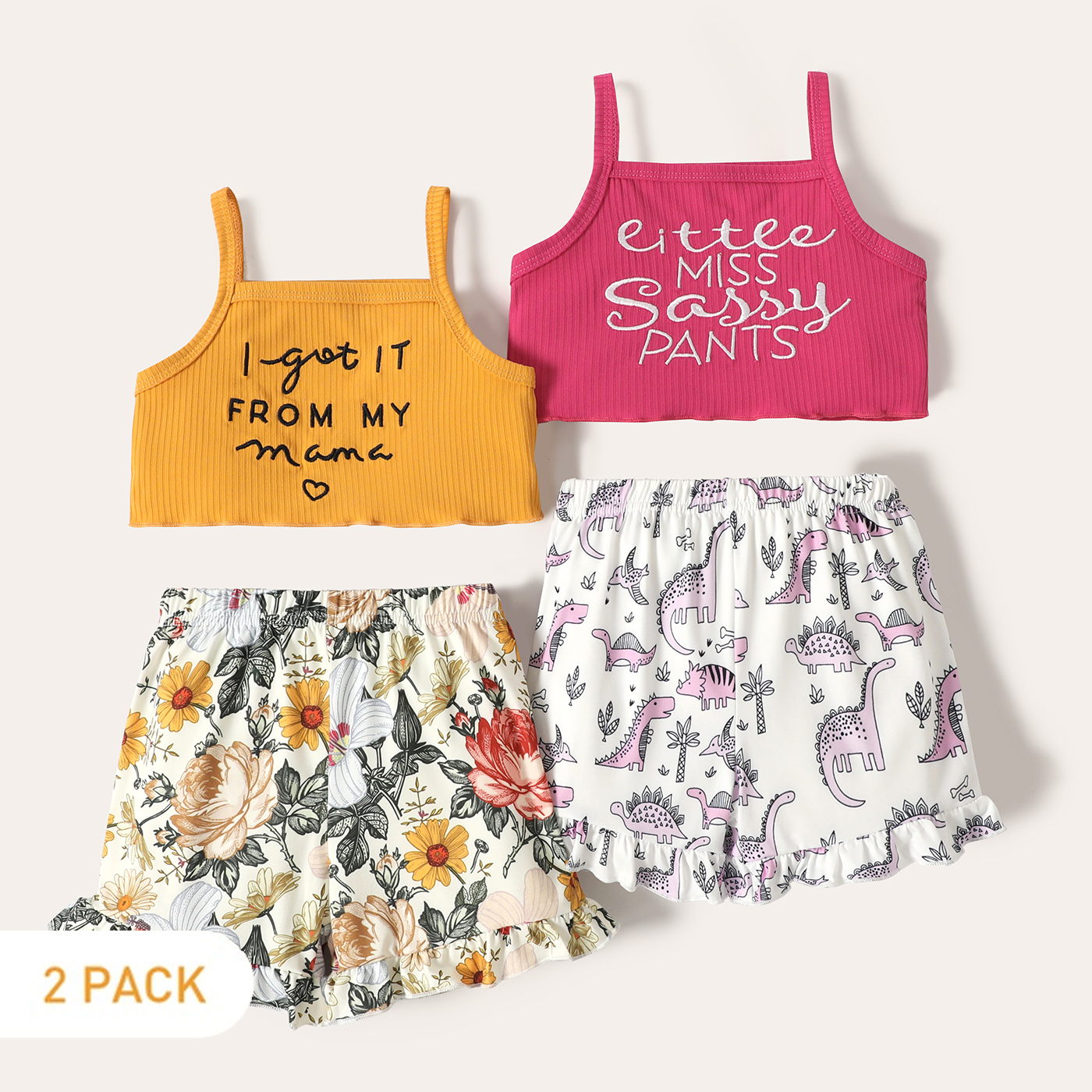 

2-Pack Toddler Girl Letter Print Camisole and Floral Print Shorts Set