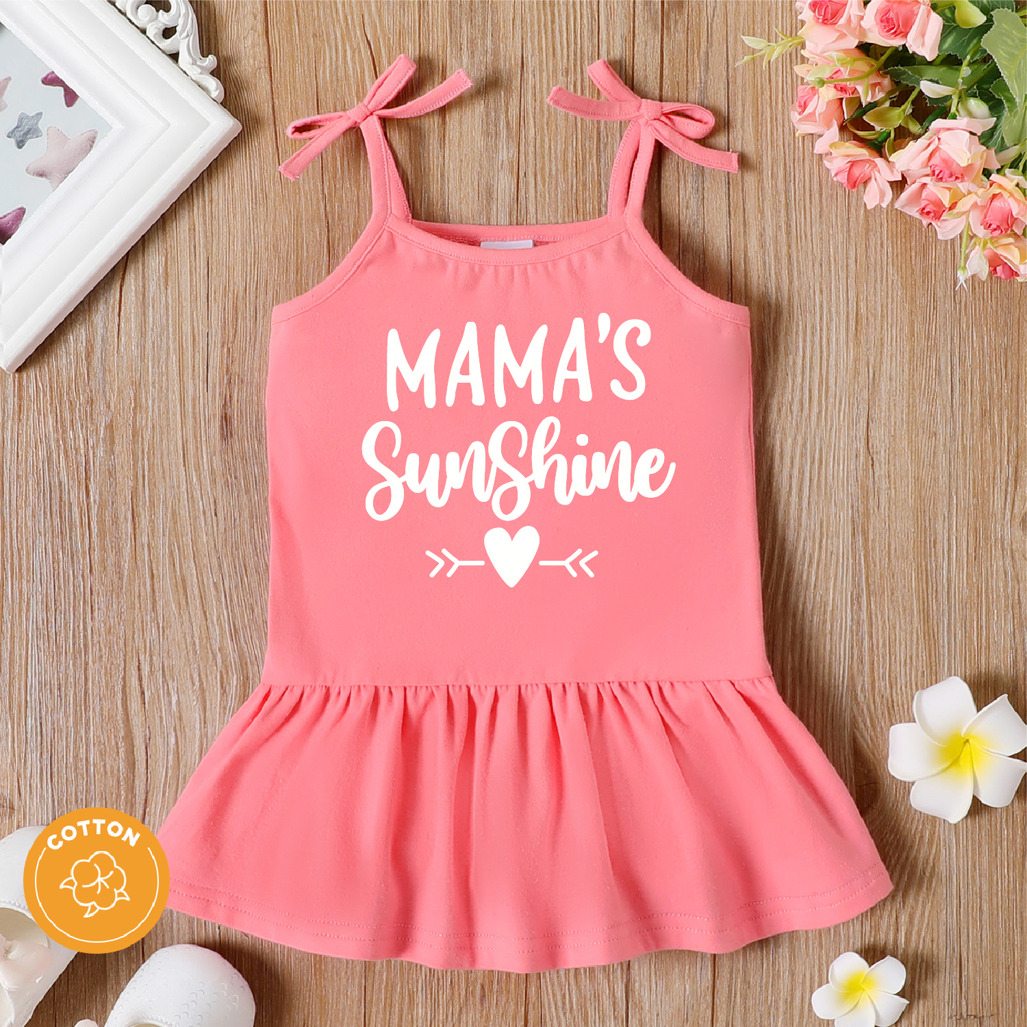 

Baby Girl 95% Cotton Letter Print Pleated Cami Dress