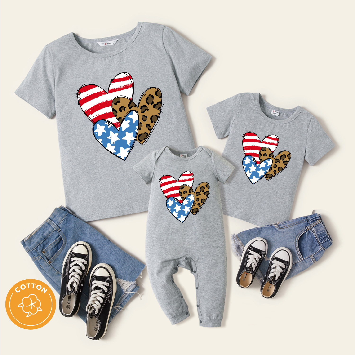 

100% Cotton Love Heart Print Grey Short-sleeve T-shirts for Mom and Me