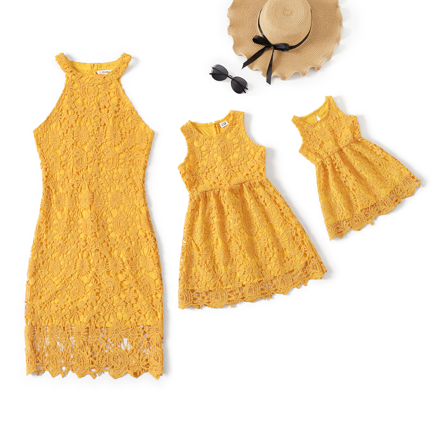 

Yellow Hollow Out Lace Sleeveless Bodycon Dress for Mom and Me