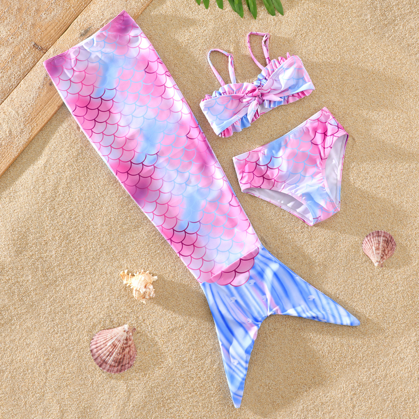 

3pcs Toddler Girl Colorblock Mermaid Swimsuit Set