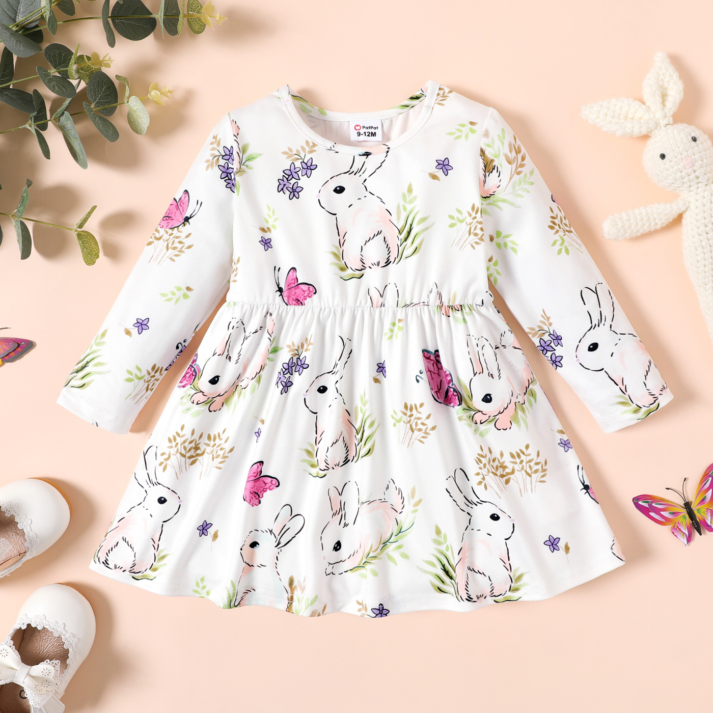 

Baby Girl Allover Rabbit Print White Long-sleeve Dress
