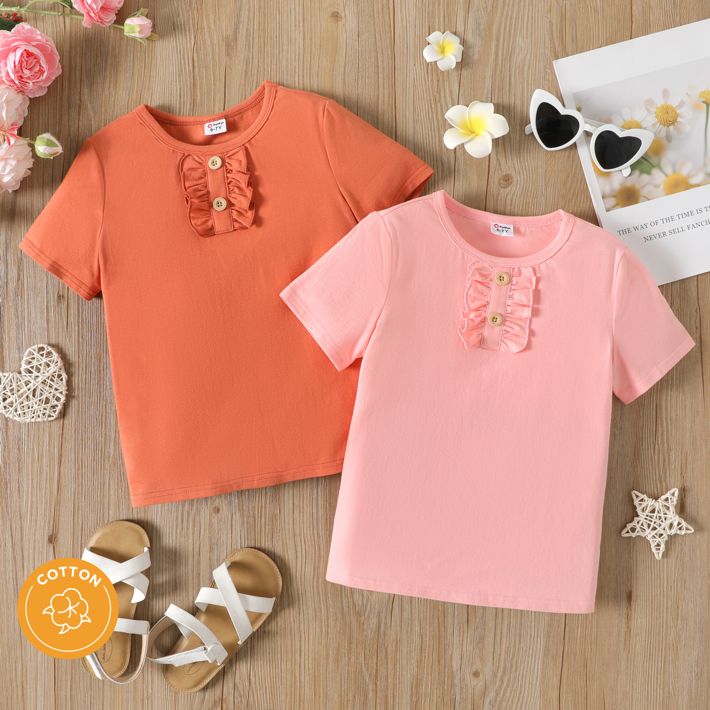 

Kid Girl Solid Color Ruffled Short-sleeve Cotton Tee