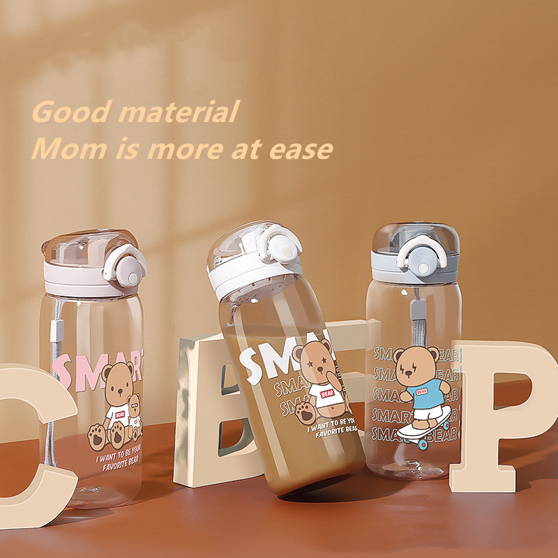

600ML Kids Cartoon Cute Bear Print Water Bottle with Leak Proof Flip Top Lid Outdoor Portable Cup for Girls and Boys