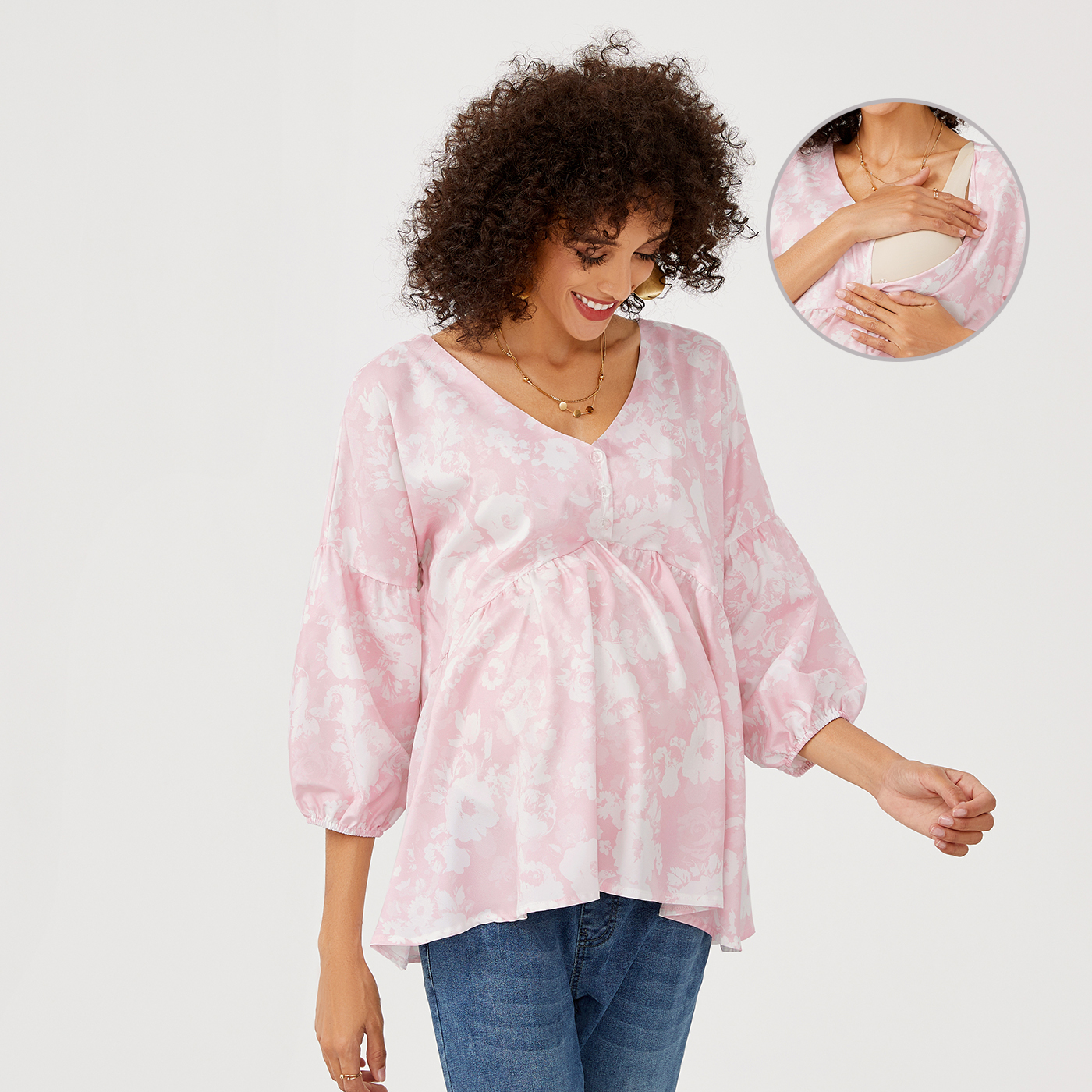 

Nursing Floral Print 3/4 Sleeve Blouse