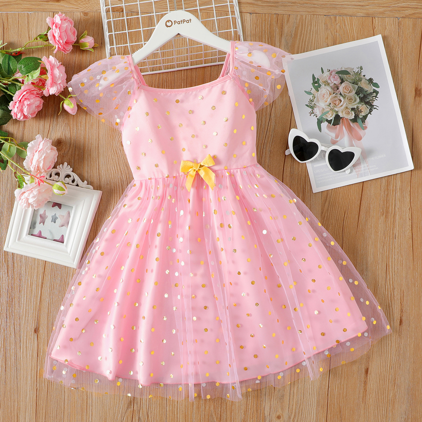 

Kid Girl Polka dots Bowknot Design Mesh Short-sleeve Pink Dress