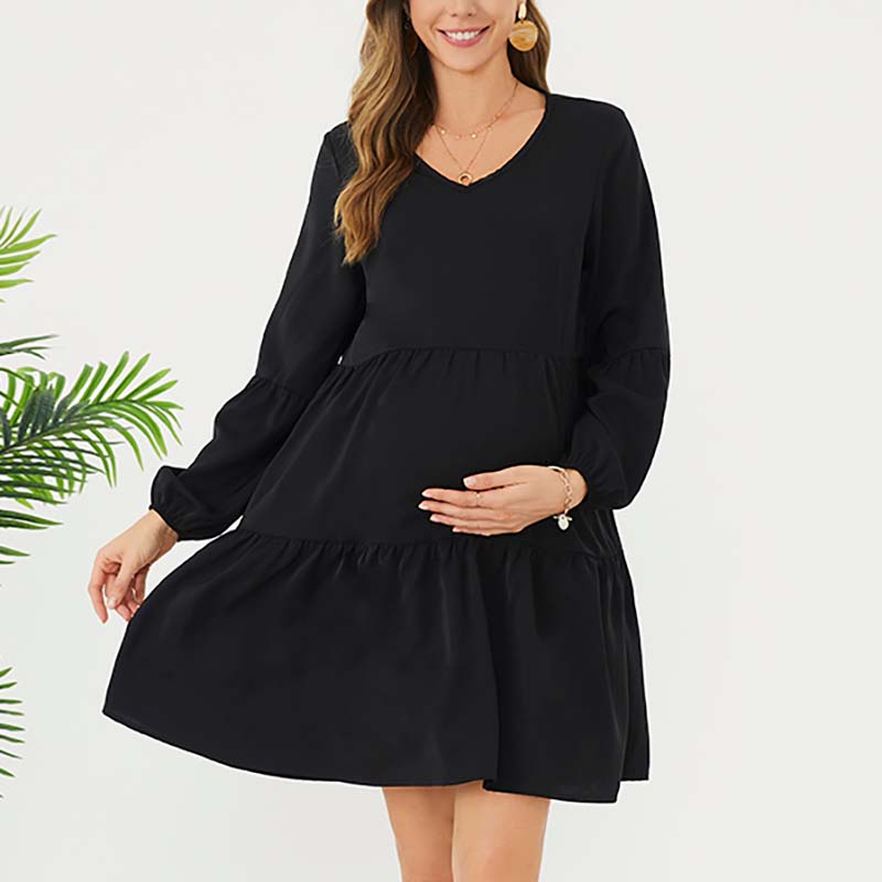 

Maternity Black Long-sleeve Tiered Dress