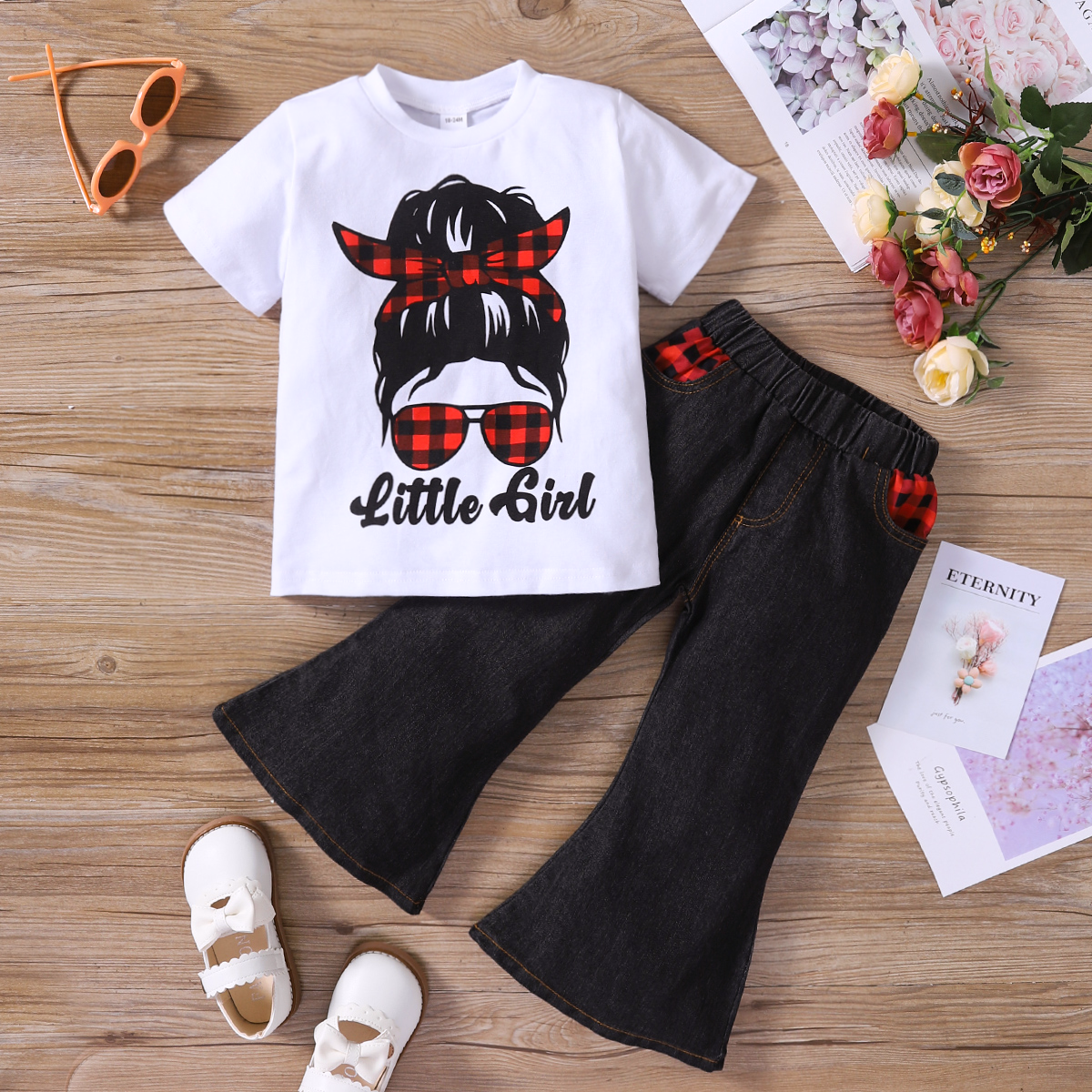 

2pcs Toddler Girl Letter Cartoon Print Short-sleeve Tee and Plaid Design Flared Denim Jeans Set