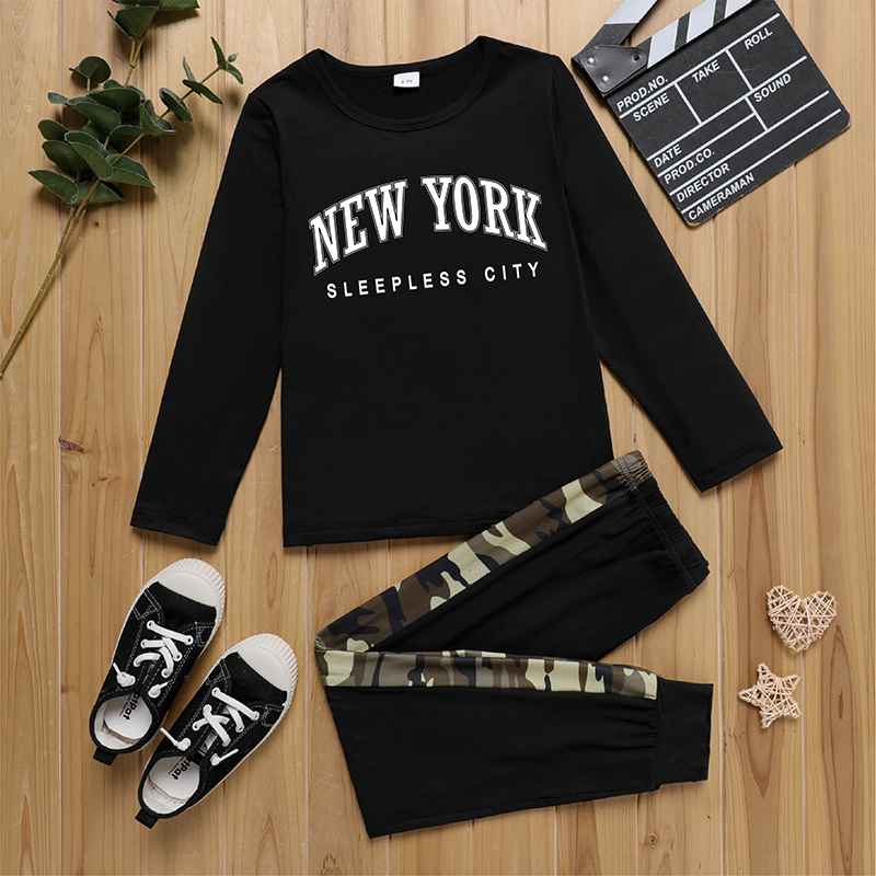 

2pcs Kid Boy Letter Print Long-sleeve Black Cotton Tee and Camouflage Print Pants Set