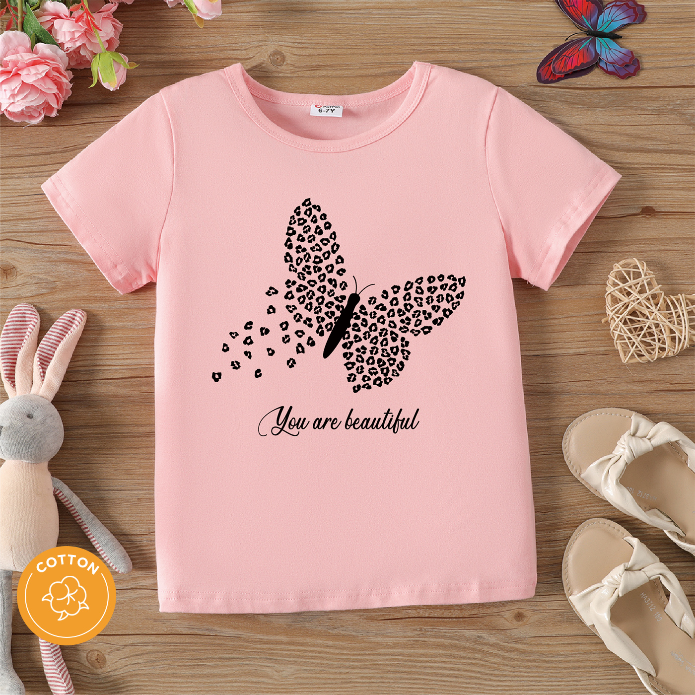 

Kid Girl 100% Cotton Butterfly Letter Print Short-sleeve Pink Tee
