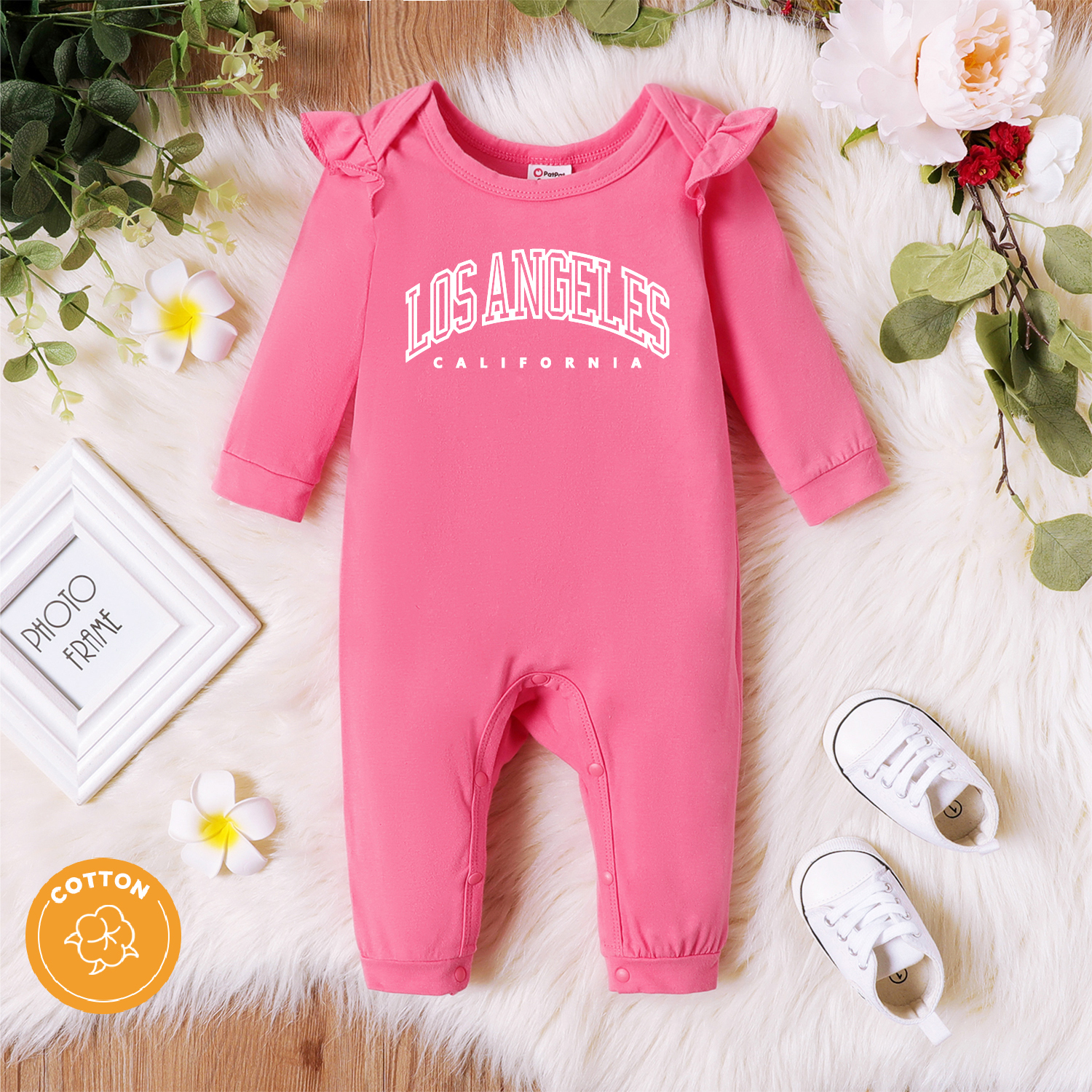 

Baby Girl 95% Cotton Ruffle Long-sleeve Letter Print Jumpsuit