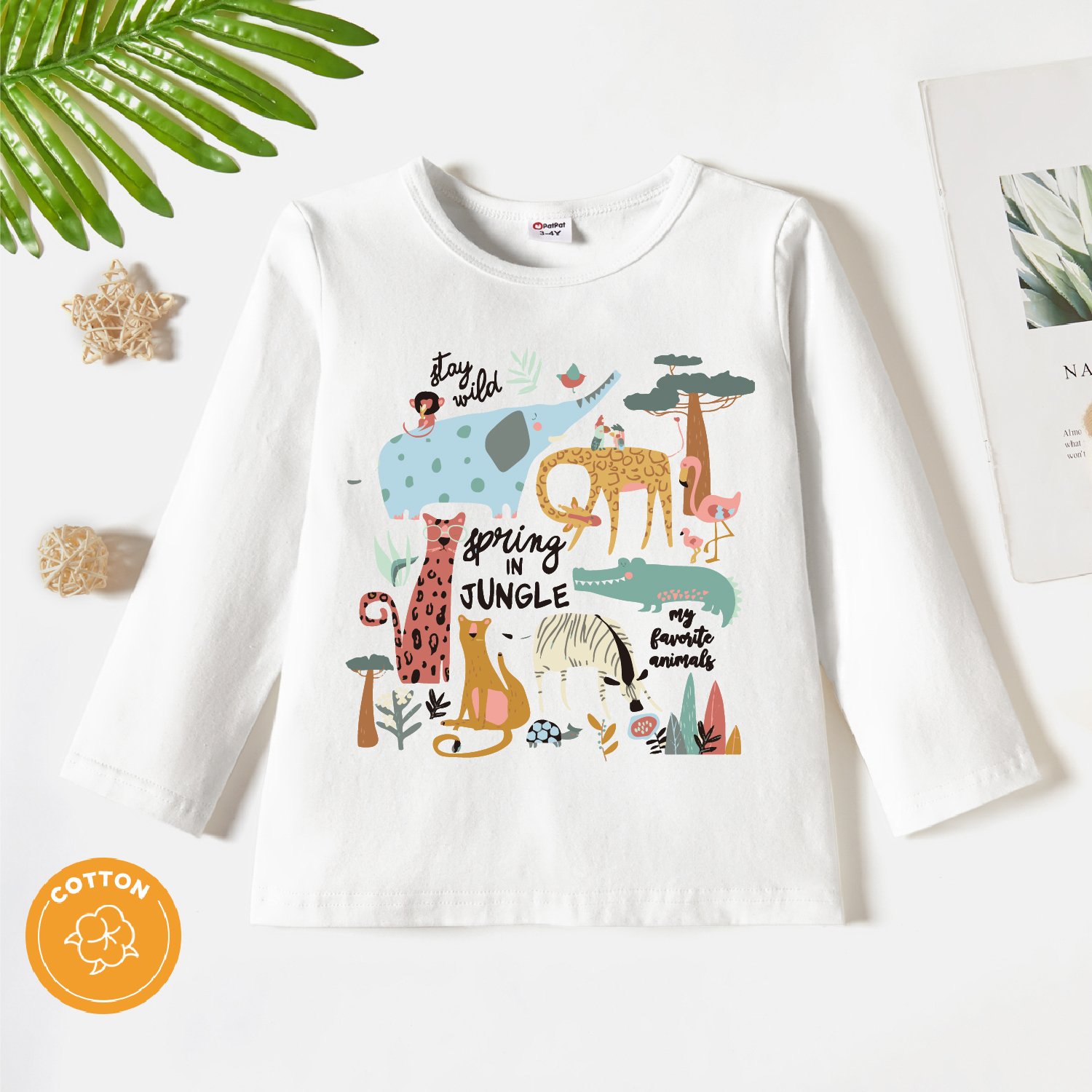 

Toddler Boy Playful Animal Print Long-sleeve White Tee