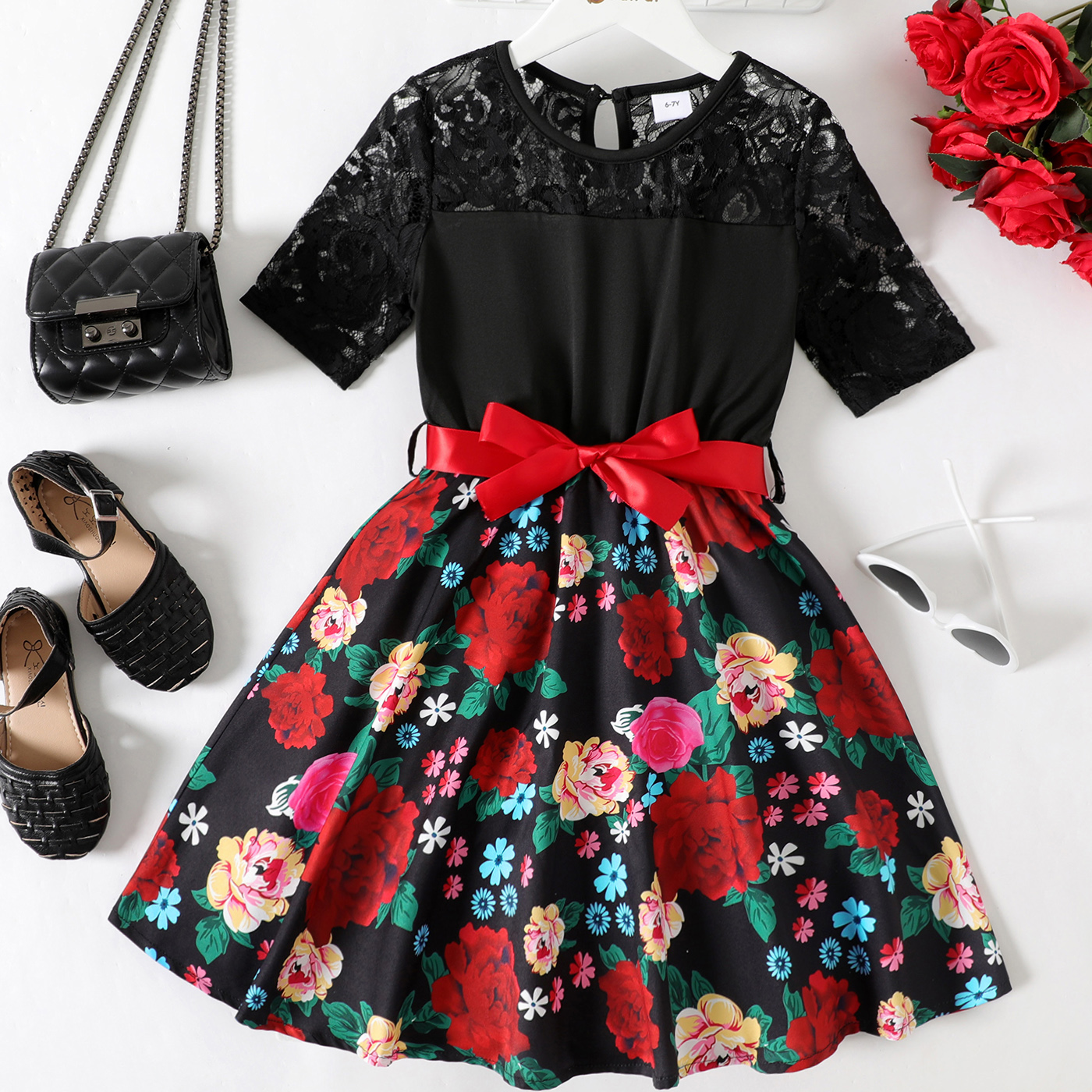 

Kid Girl Floral Print Lace Design Splice Beautiful Short-sleeve Dress