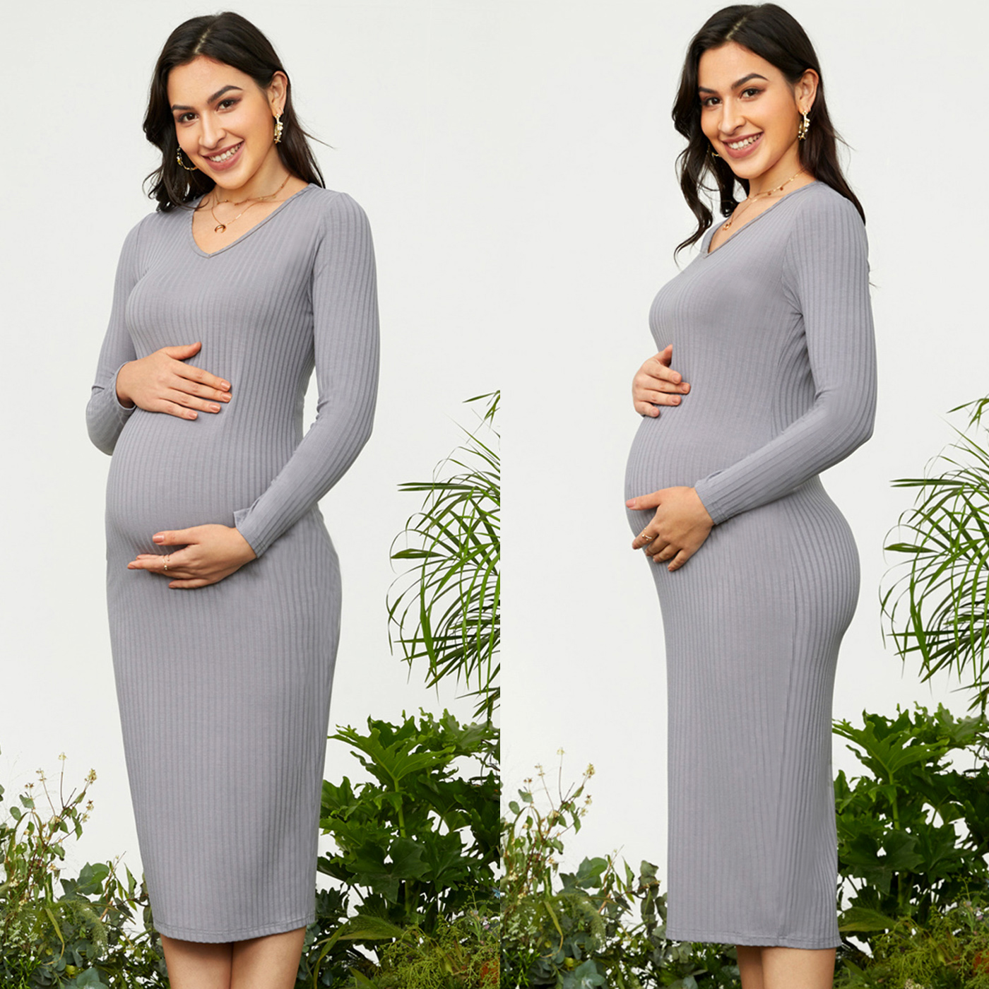 

Maternity Simple Solid Ribbed Long-sleeve Dress