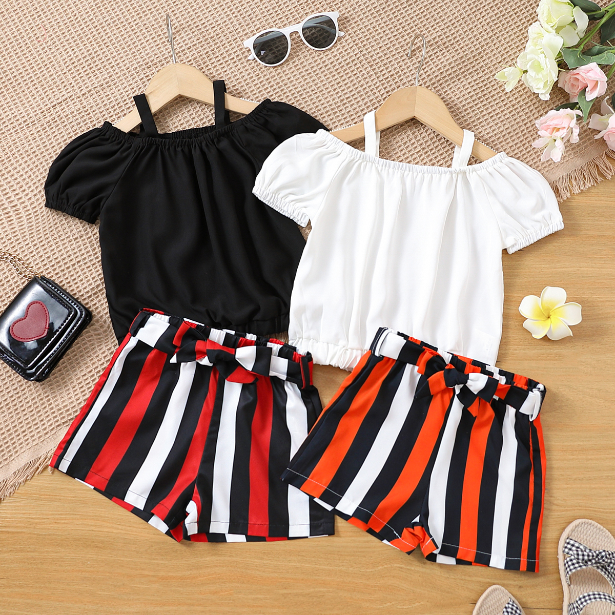 

2pcs Toddler Girl Off Shoulder White Strap Tee and Stripe Belted Shorts Set