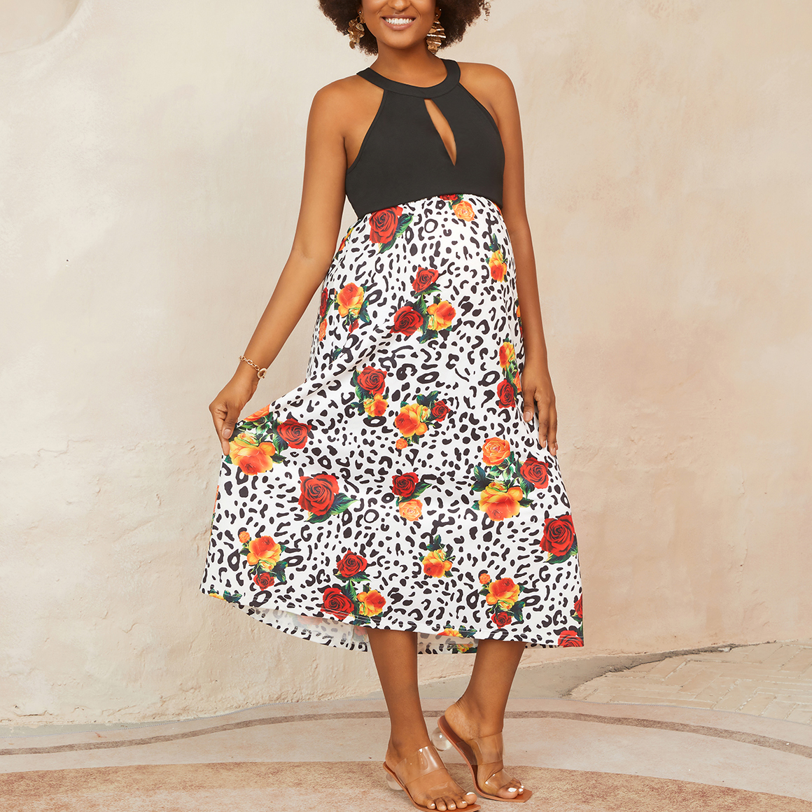 

Maternity Leopard and Floral Print Keyhole Neck Halter Dress