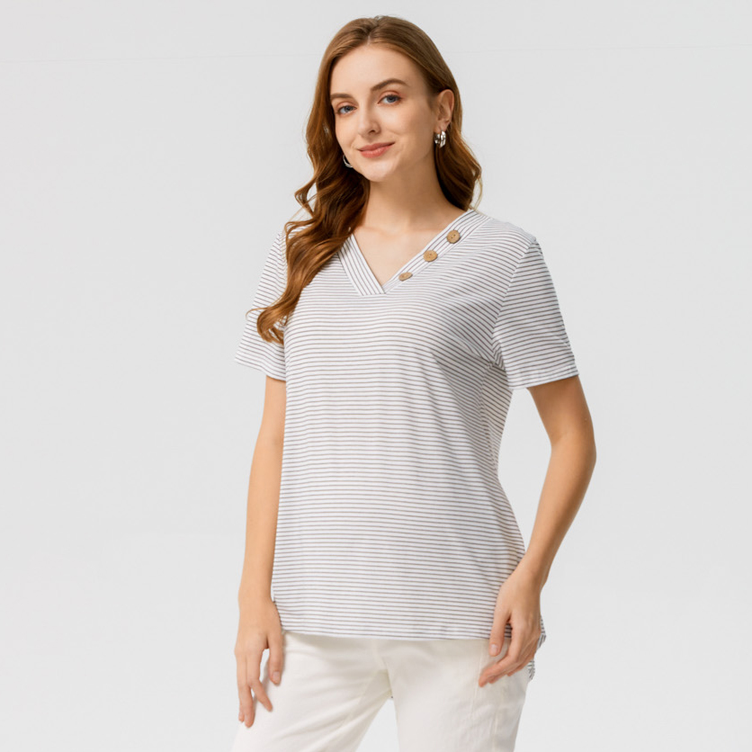 

Maternity Side Button Decor V Neck Short-sleeve Stripe T-shirt