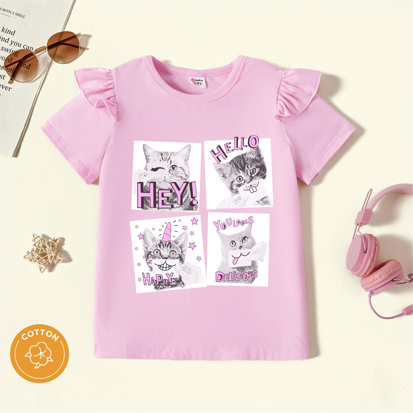 

Kid Girl Letter Animal Cat Print Ruffled Short-sleeve Pink Cotton Tee