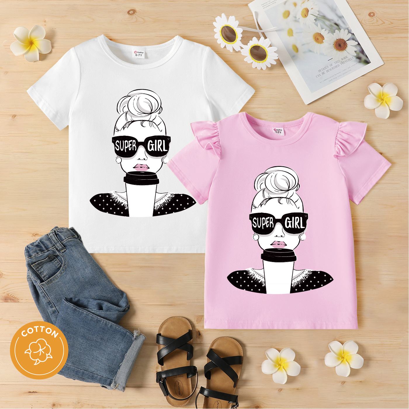 

Kid Girl Letter Cartoon Print Ruffled Short-sleeve Cotton Tee