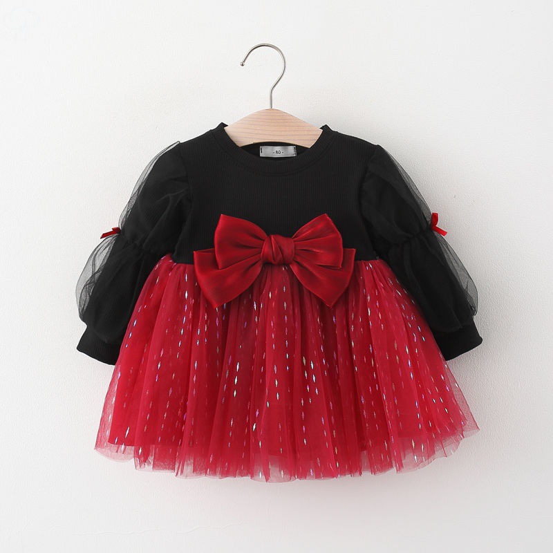 

Toddler Girl Bowknot Glitter Design Mesh Splice Long-sleeve Dress
