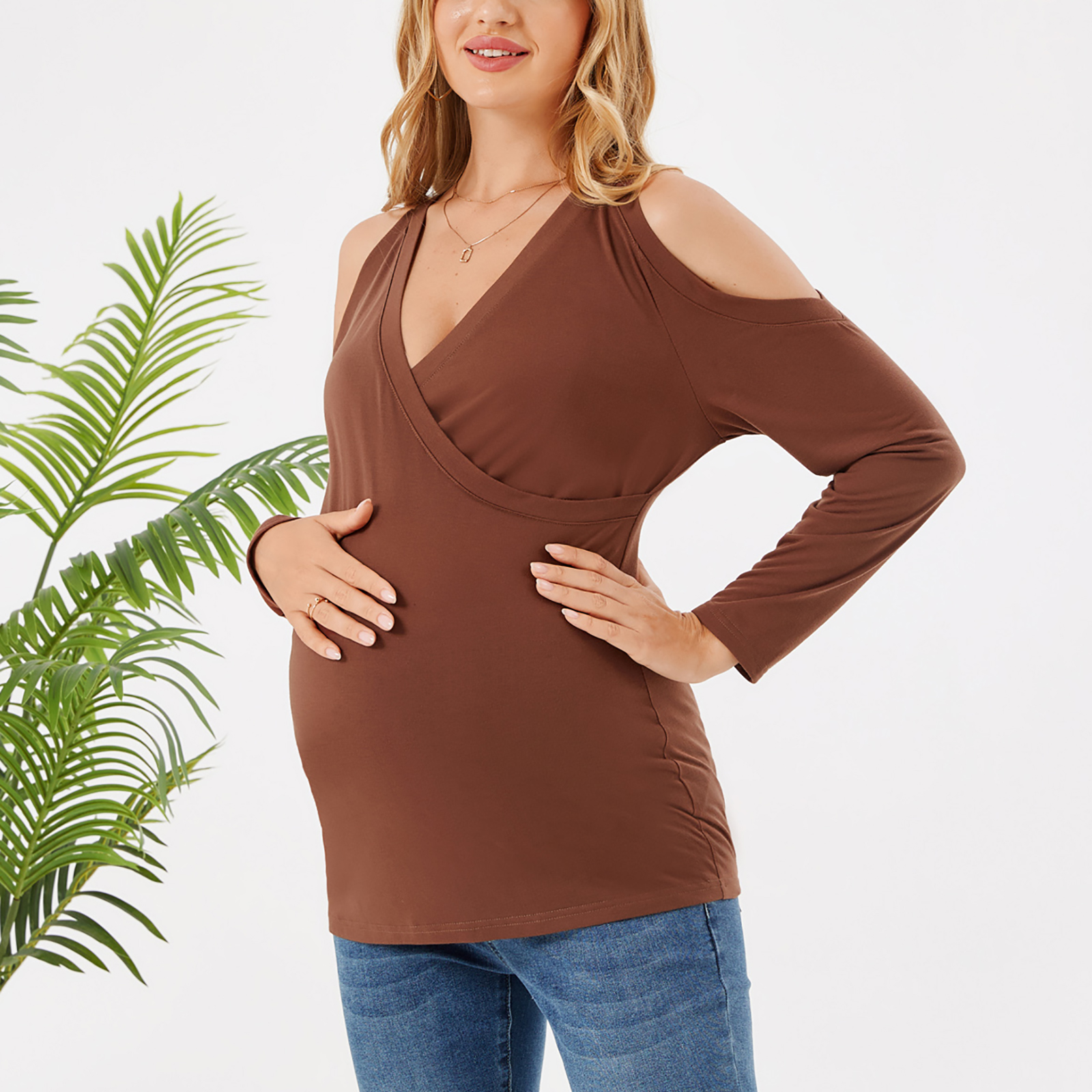 

Nursing Cold Shoulder Long-sleeve Dress