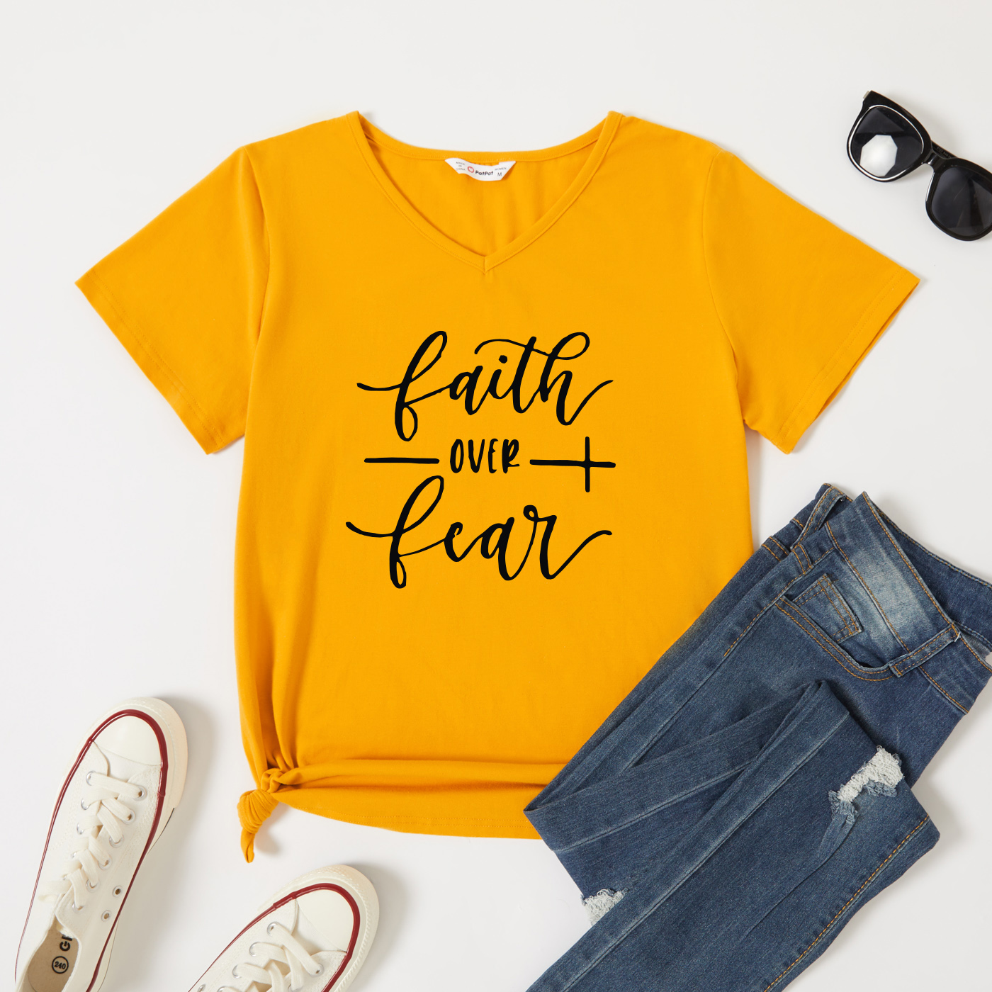 

Women Graphic Letter Print V Neck Short-sleeve T-shirt