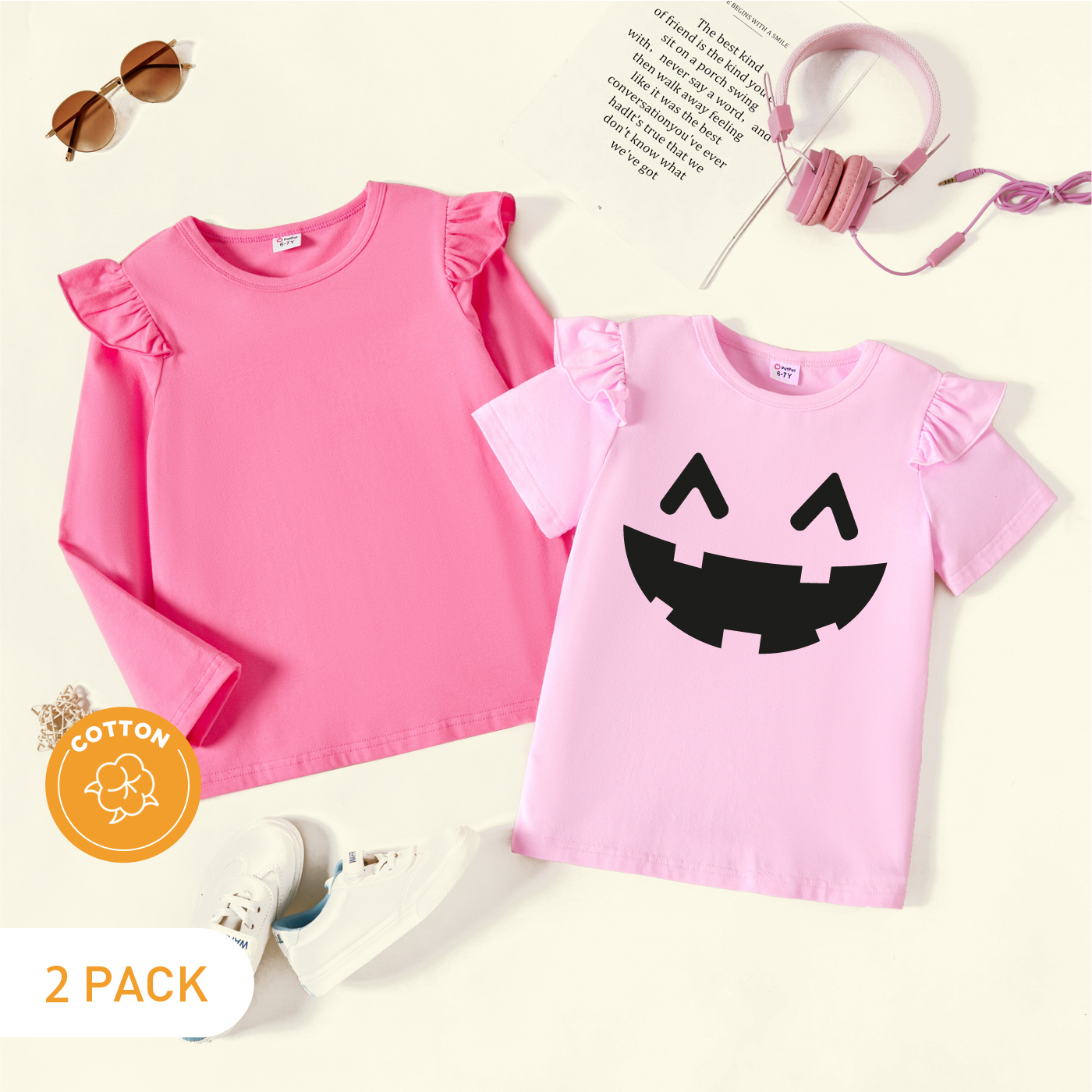 

2-Pack Kid Girl Halloween Graphic Print Ruffled Short/Long-sleeve Tee