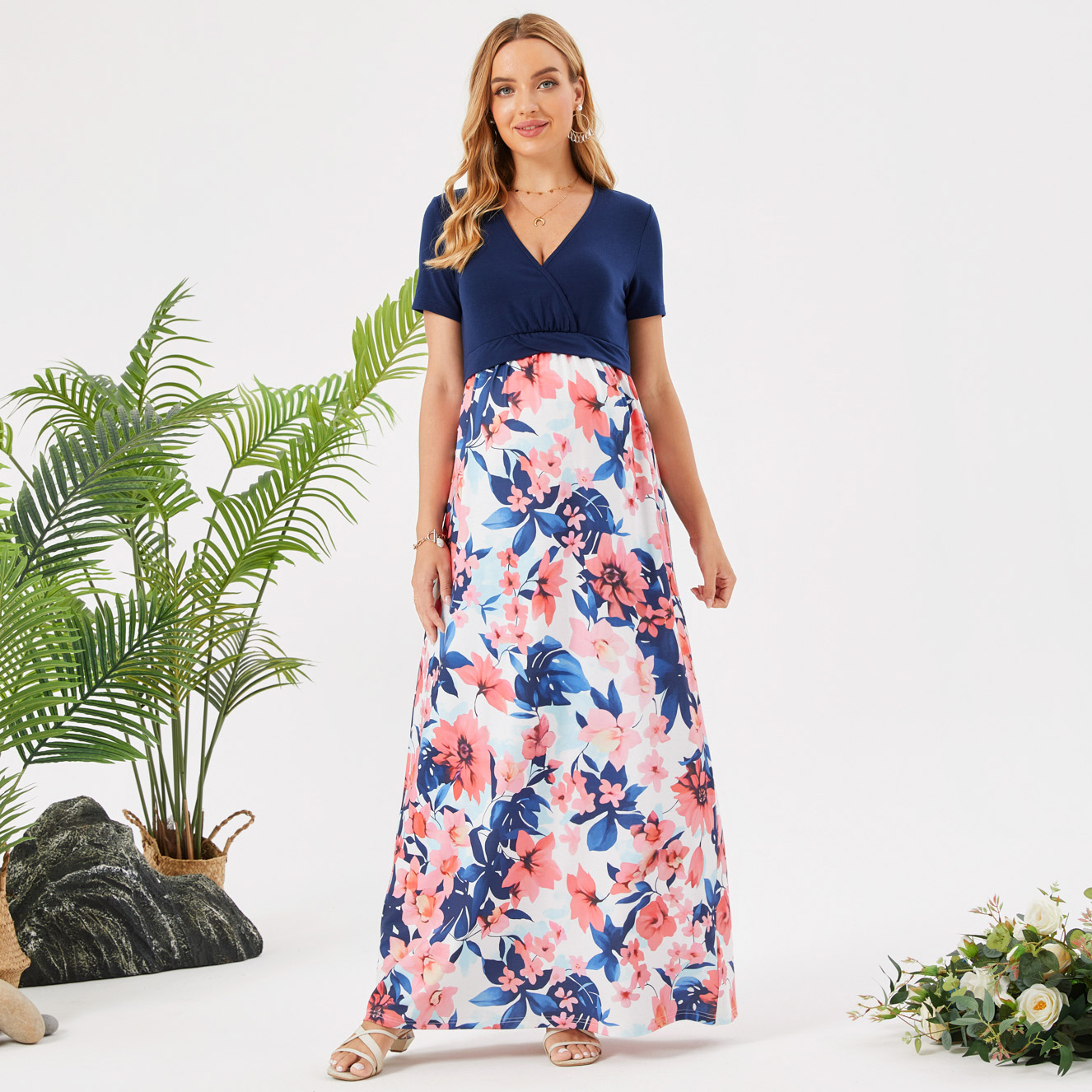

Nursing Floral Panel Short-sleeve Dress