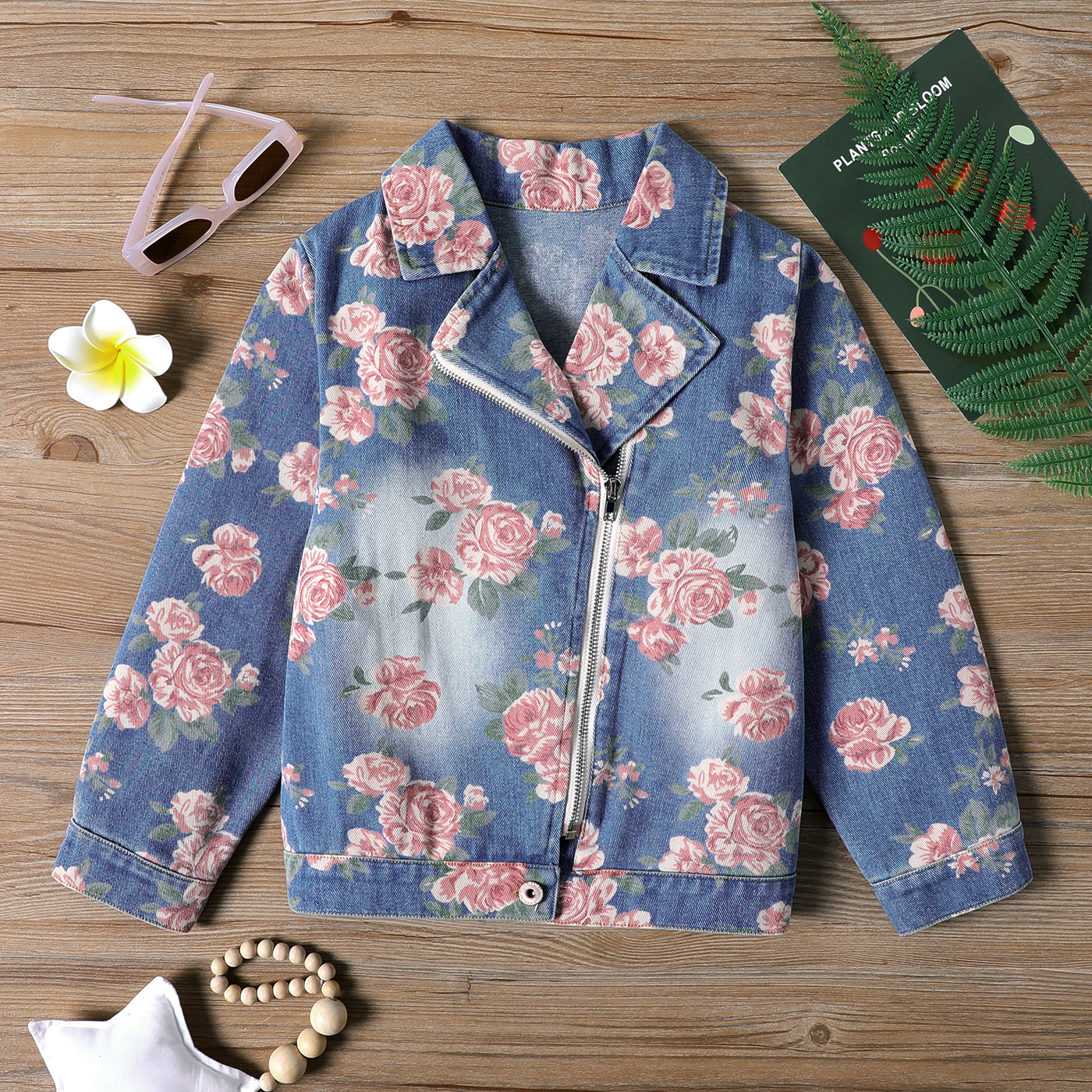 

Kid Girl Floral Print Lapel Collar Zipper Denim Jacket