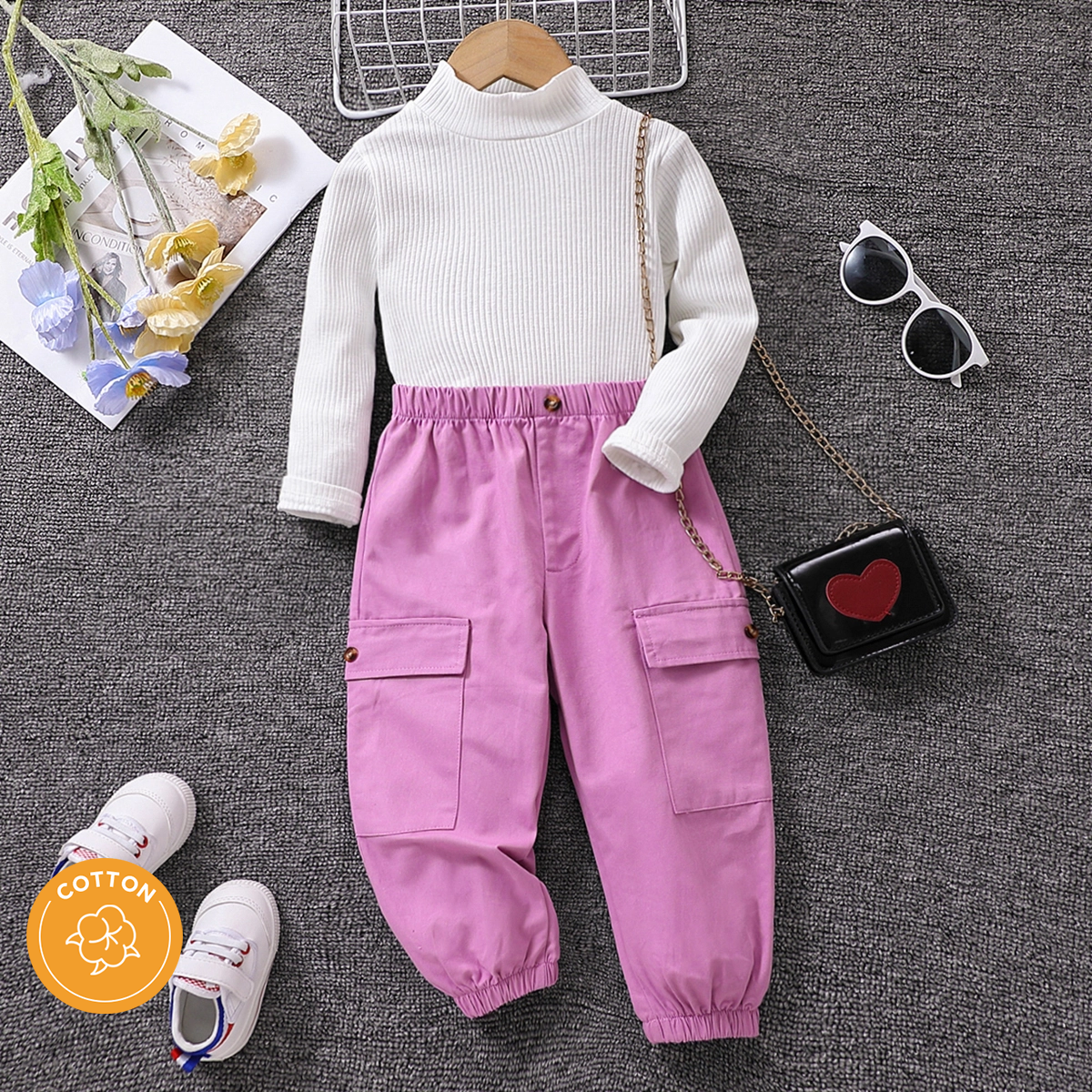 

2pcs Toddler Girl Trendy 100% Cotton Mock Neck Long-sleeve Tee and Cargo Pants Set