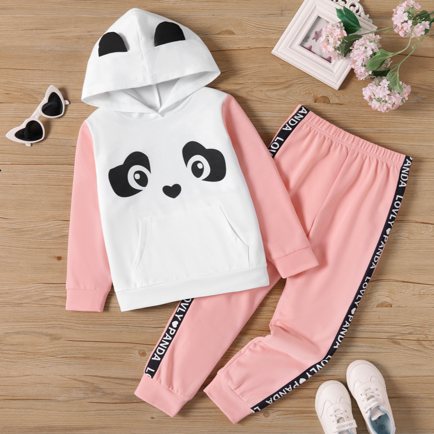 

2pcs Kid Girl Animal Panda Print Colorblock Hoodie Sweatshirt and Letter Print Pants Set