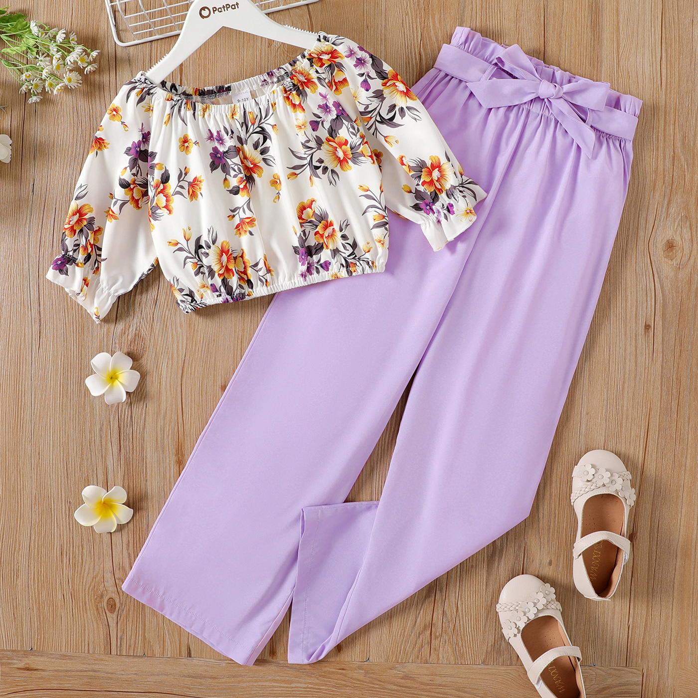 

2pcs Kid Girl Floral Print Short-sleeve Tee and Purple Belted Wide Leg Pants Set