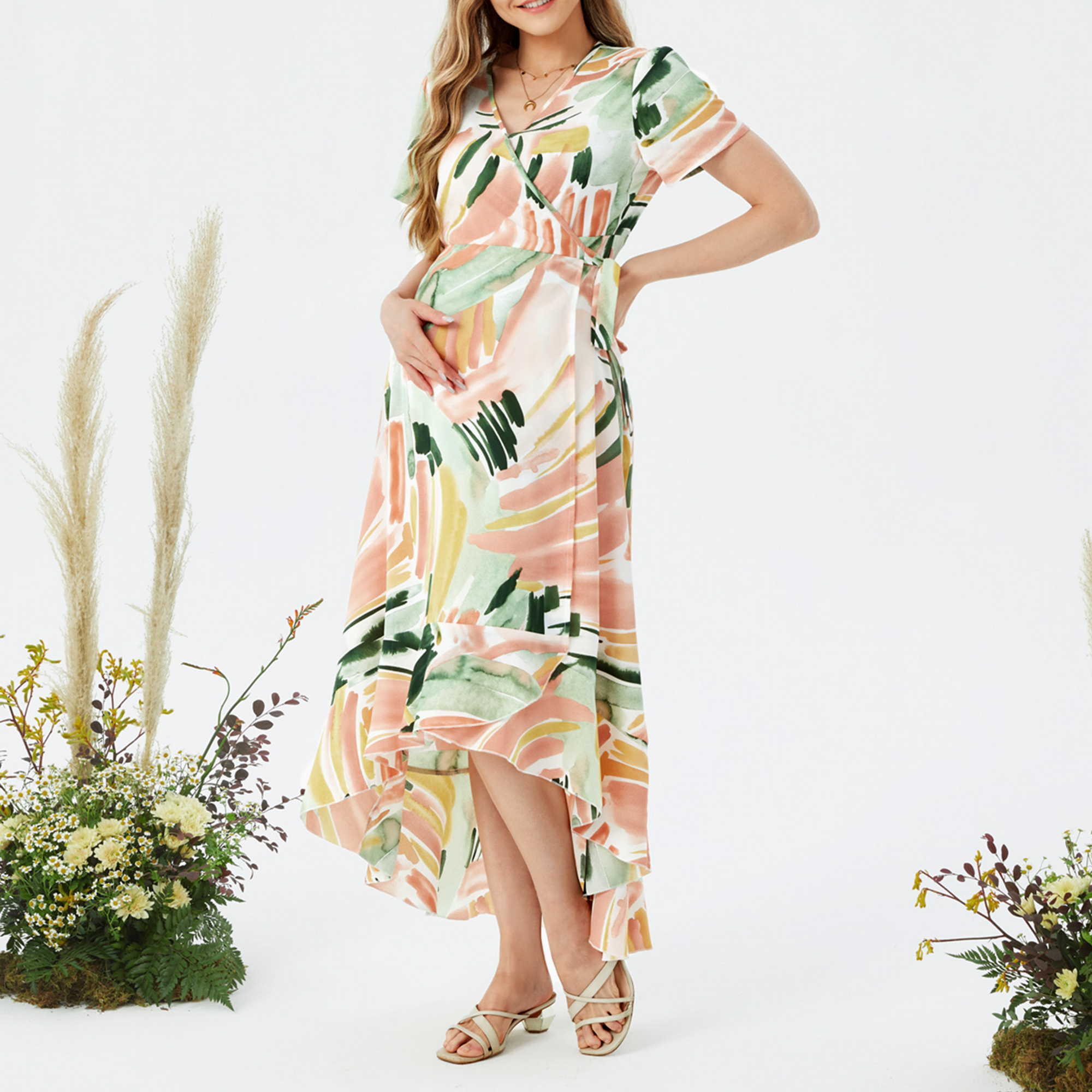 

Nursing Graffiti Print Lace Up Wrap Short-sleeve Dress