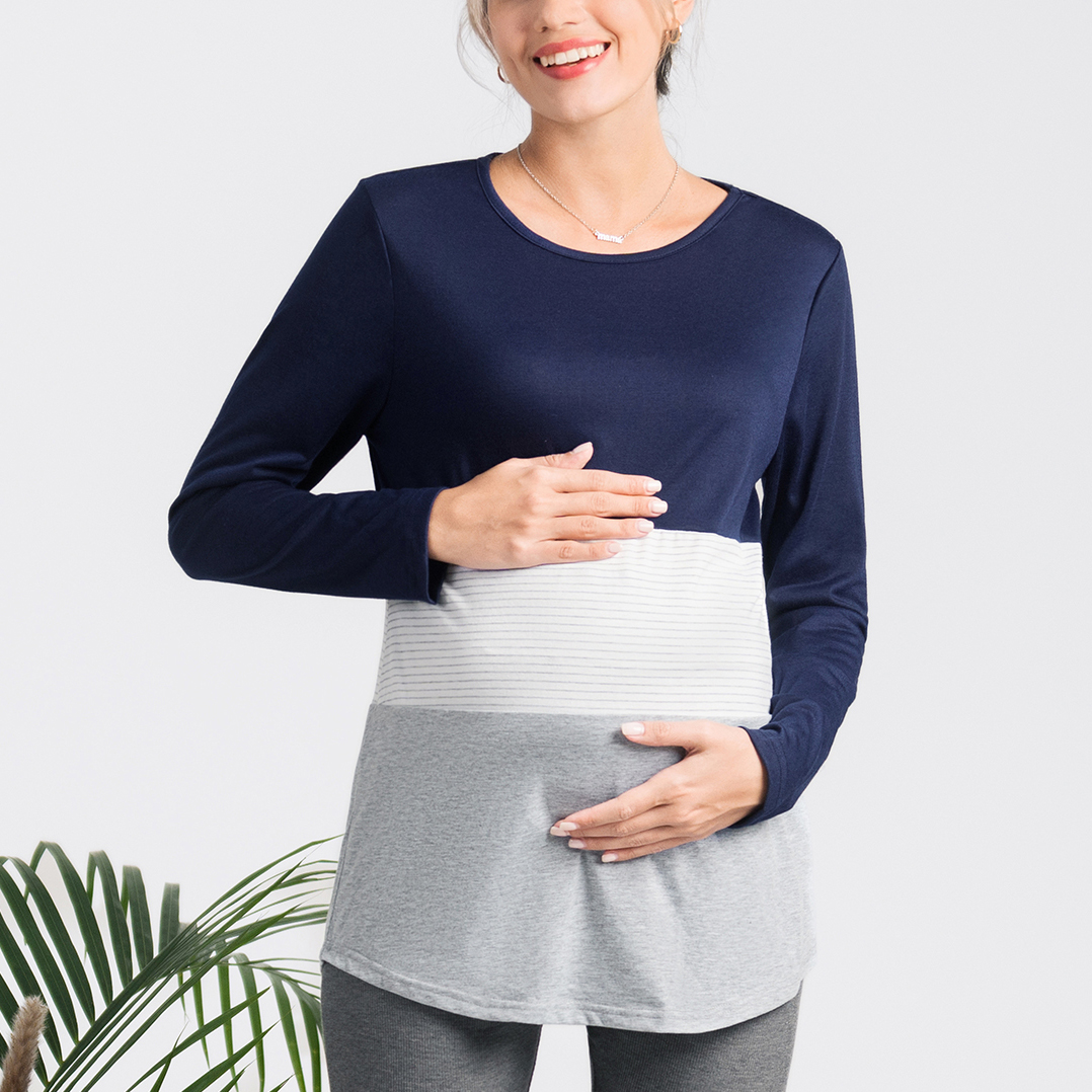 

Maternity Color Block Stripe Splice Round-collar Long-sleeve T-shirt