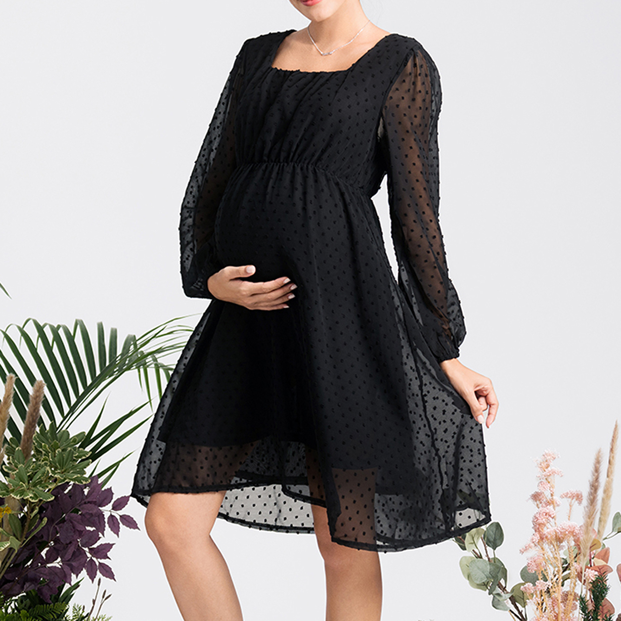

Maternity Swiss Dot Square Neck Long-sleeve Black Dress