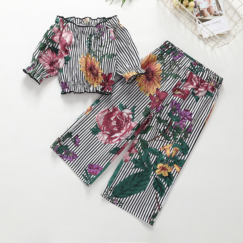 

Baby / Toddler Trendy Floral Print Striped Off Shoulder Top and Pants Set