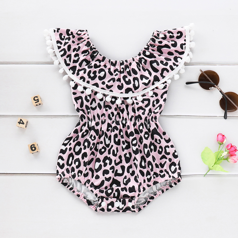 

Baby Girl Leopard Stripe Off Shoulder Pompom Decor Romper