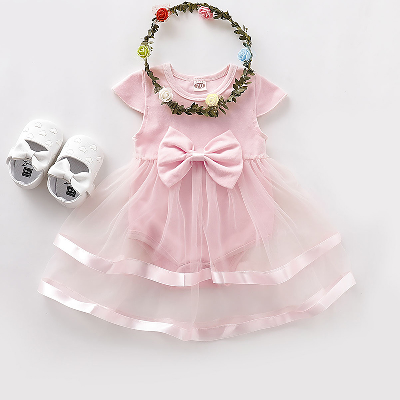 

Baby Girl Tulle Solid Bowknot Decor Short-sleeve Romper