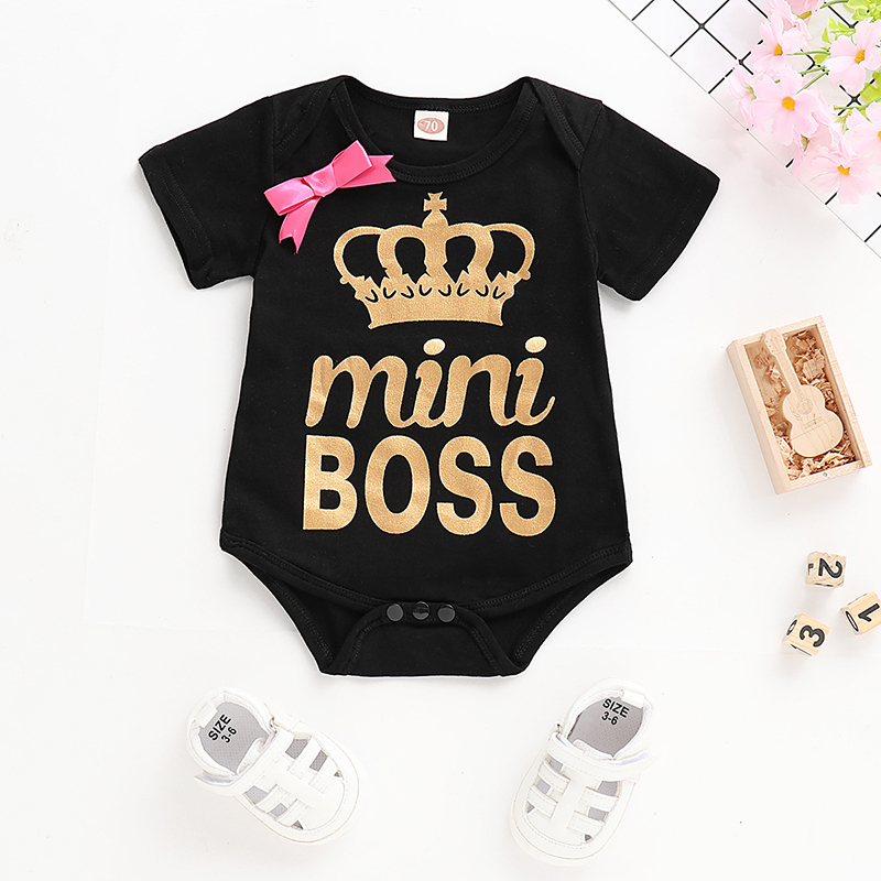 

Baby Girl Crown Print Bowknot Decor Short-sleeve Romper