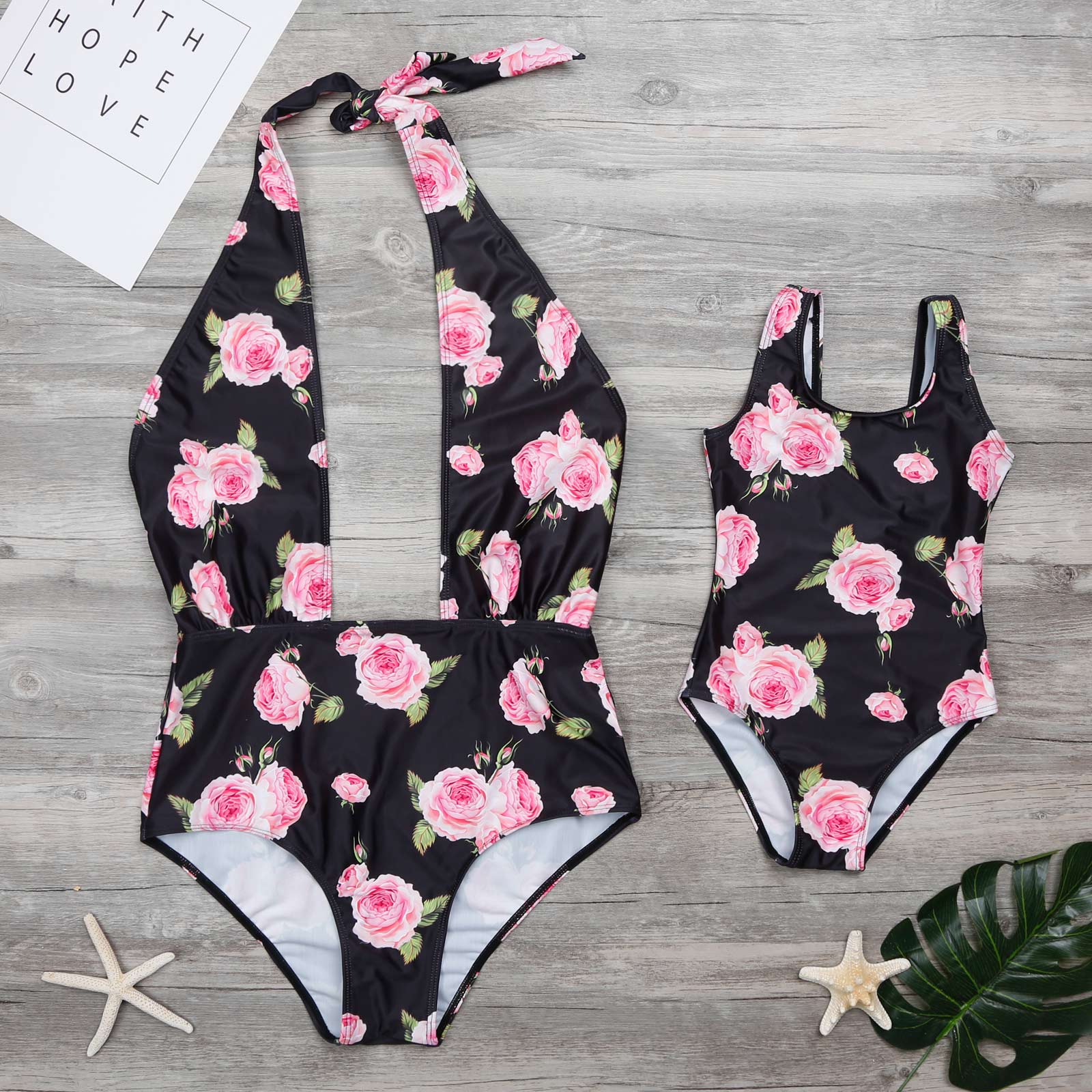 

One-piece Floral Printed Swimsuit in Black for Mom and Me
