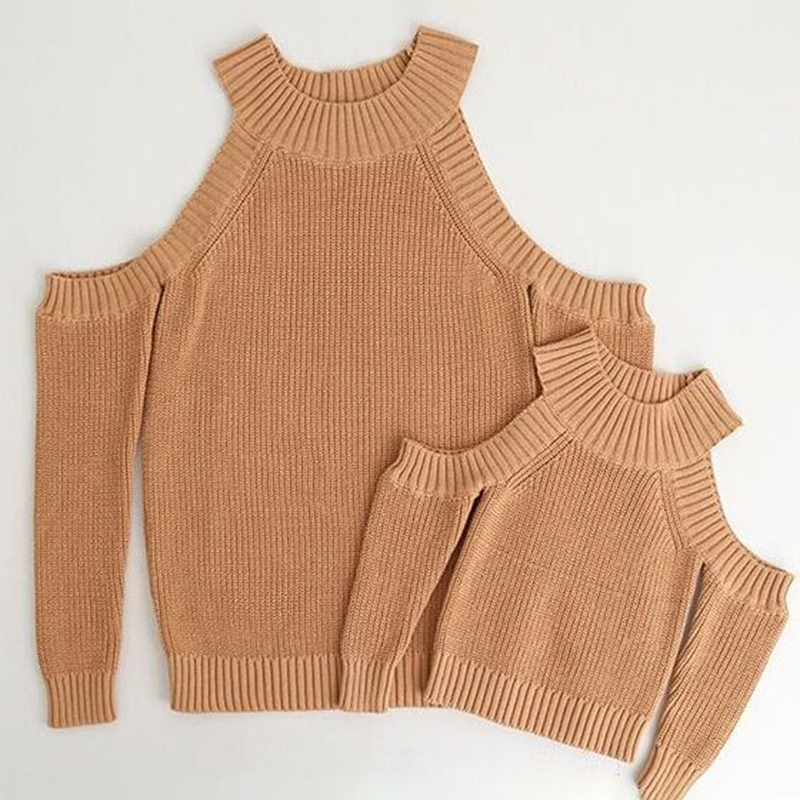 

Mommy and Me Stylish Off-shoulder Sweaters in Brown