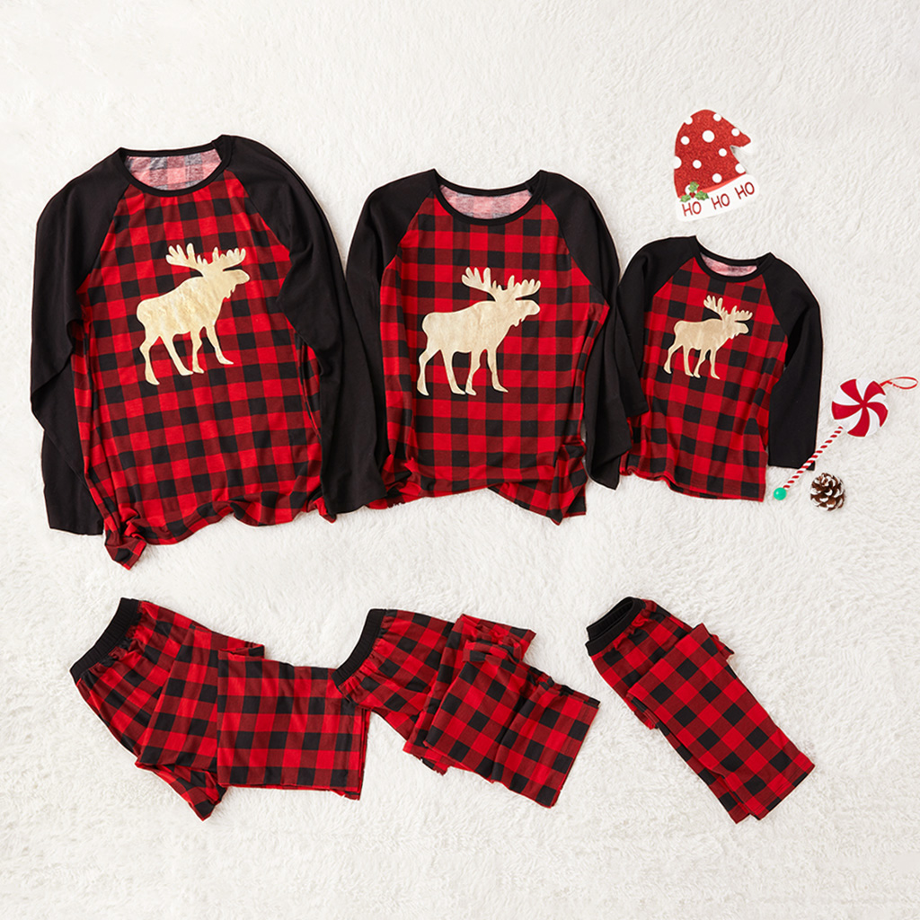 

Trendy Gold Deer Black and Red Plaid Matching Pajamas