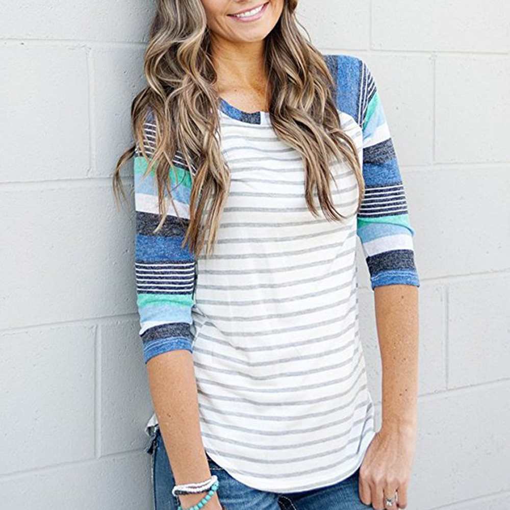 

Autumn Color block Striped Round-collar With Three Quarter Sleeve For women